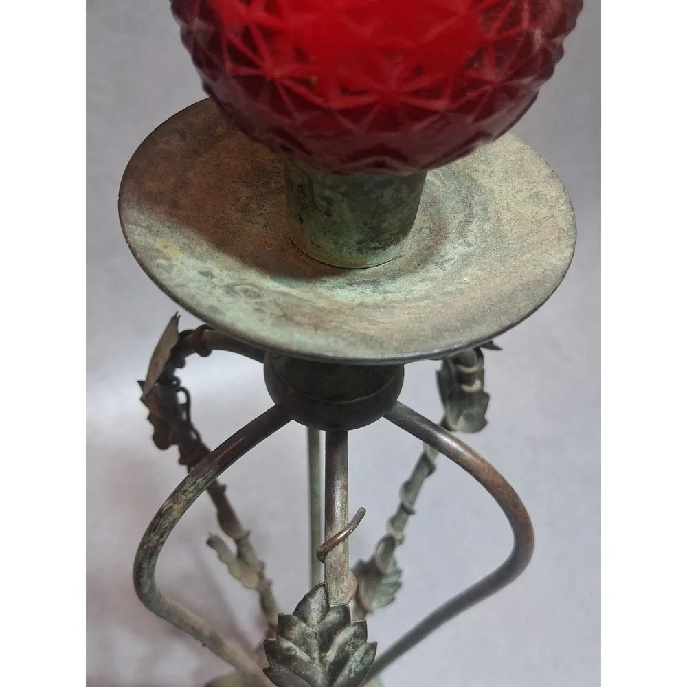 Metal Rustic Leaf Candle Stick Holders Set Of 2/Base Can Be Unscrewed Red Insert
